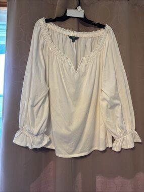 Terra & Sky Cream Off-Shoulder Ruffle Sleeve Blouse